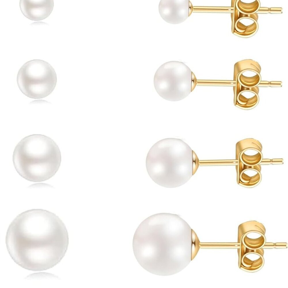 Gold Filled CZ Pearl Small Stud Earrings Set for Women Men Hippoallergenic